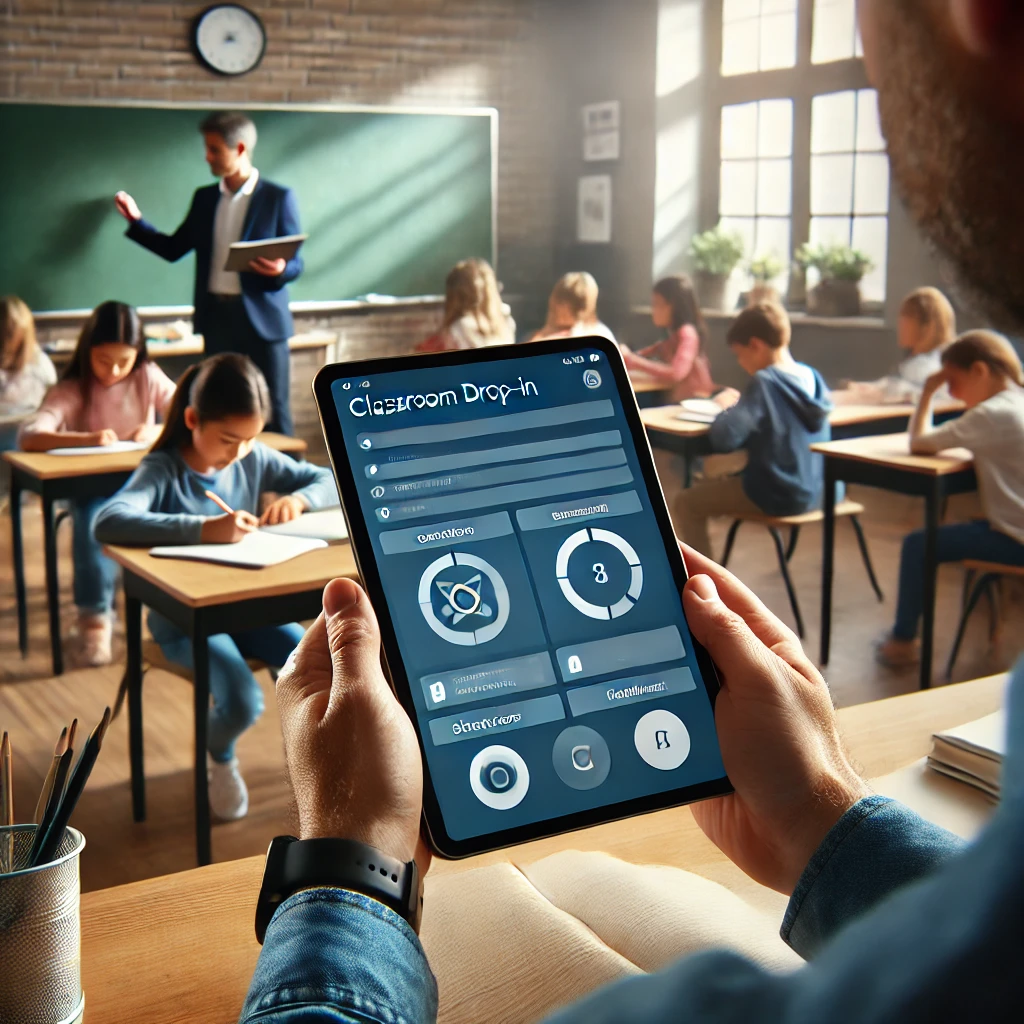 a person holding a tablet in front of a classroom